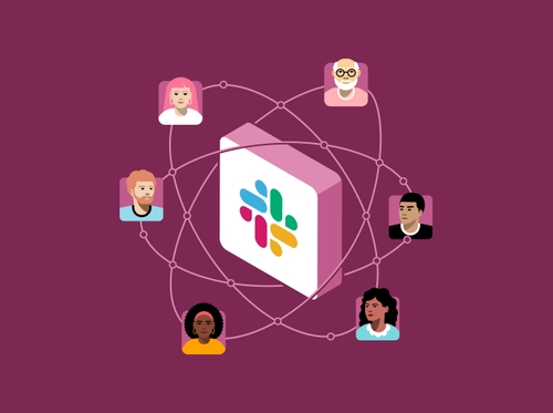 An illustrated image of 6 individuals interconnected by circles, surrounding the Slack icon