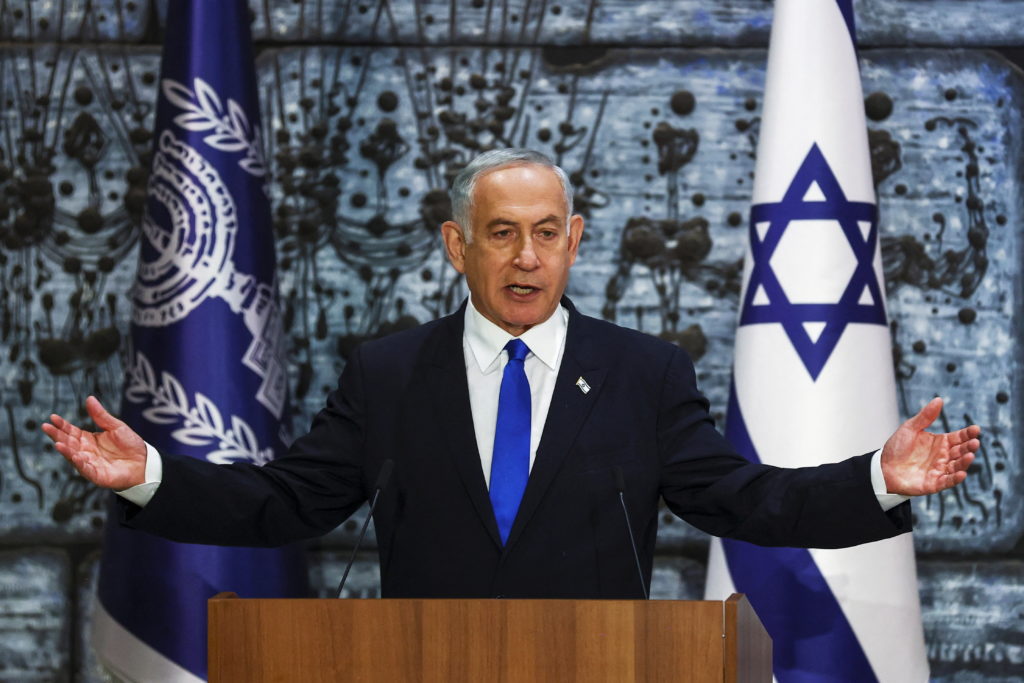 Benjamin Netanyahu speaks during a ceremony where Israel President Isaac Herzog hands him the mandate to form a new govern...