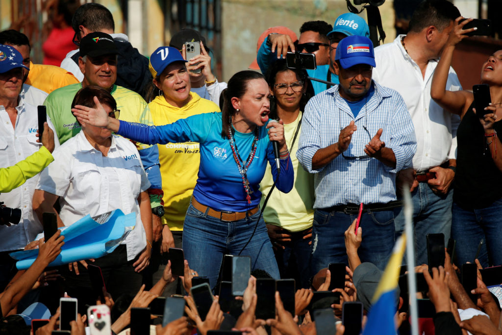 Venezuelan opposition presidential candidate Maria Corina Machado addresses supporters, in Carabobo State