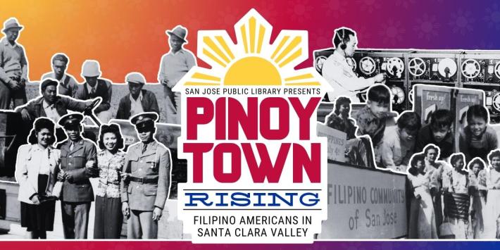 Logo Pinoytown Rising con un collage di foto in bianco e nero