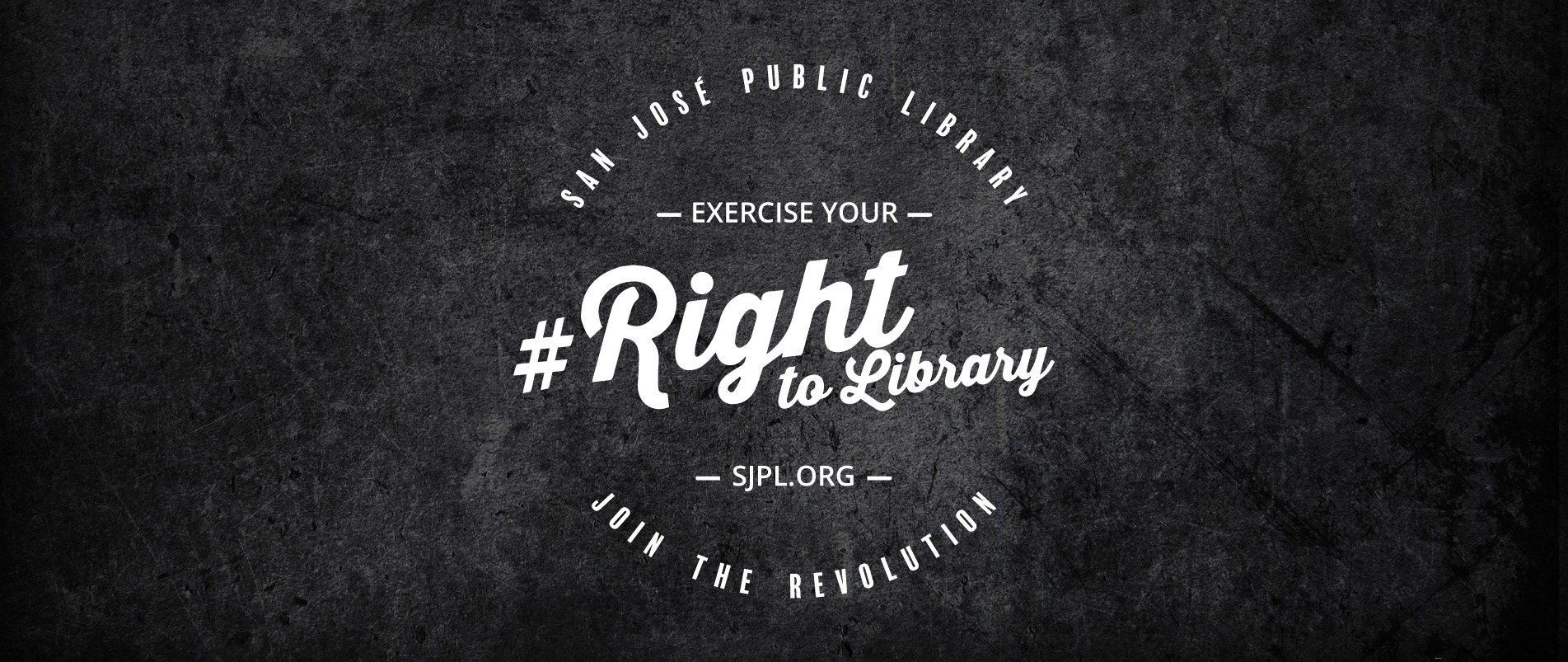 #RightToLibrary логотип. Текст: Присоединяйтесь к революции с San Jose Public Library. Используйте свое #ПравоНаБиблиотеку. SJPL.ORG.