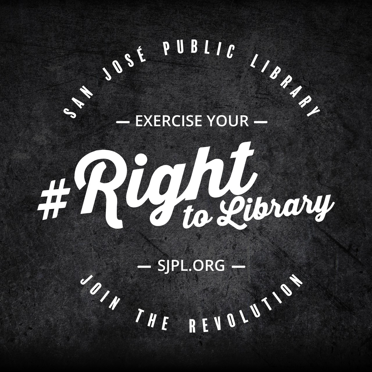 #RightToLibrary логотип. Текст: Присоединяйтесь к революции с San Jose Public Library. Используйте свое #ПравоНаБиблиотеку. SJPL.ORG.