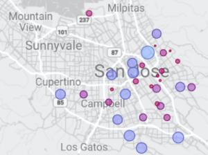 A dot density map of San Jose, demonstrating Storytime programming concentrations.