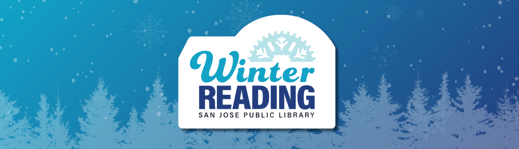 خلفية مسائية ثلجية مع صورة ظلية لشجرة الصنوبر. النص: قراءة شتوية San Jose Public Library.