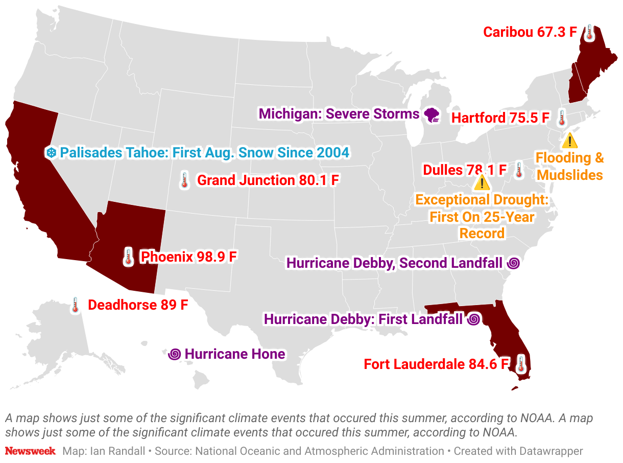 A map shows just some of the significant climate events that occured this summer, according to NOAA.