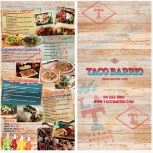 Taco Barrio, Mexican Restaurant Menu | Menu Design by Soula Vetter