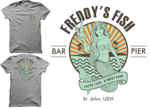 Freddy's Fish Bar & Pier (beach/bar themed logo for Caribbean restaurant) | T-shirt Design by a.o.d