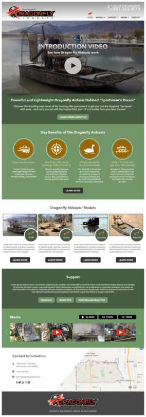 a modern outdoor type website for our Dragonfly Mini Airboats for Hunters and Fisherman  | Wordpress Design by -Marc-