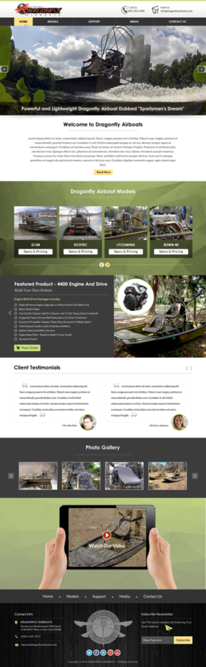 a modern outdoor type website for our Dragonfly Mini Airboats for Hunters and Fisherman  | Wordpress Design by Sbss