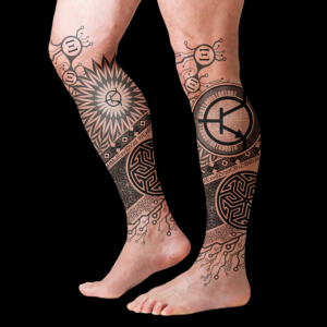 Leg tattoo design - b&w lines, geometric patterns, binary code | Tattoo-Design von icirotrisna