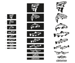 9 Guitar Fingerboard inlays based upon trout in motion (line art) | Vector Design by nreimer