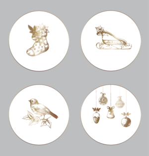 4-piece dinnerware set featuring vintage gold Christmas images | Illustration Design by alex989