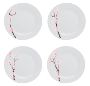 4-piece dinnerware set featuring pink cherry blossoms              | Illustration Design by RoundYellow