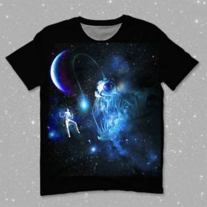 Astronaut Floating to Angler Fish in Space | T-shirt Design by Heydale