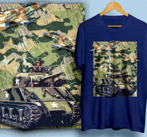 t-shirt design with camo background with fighter jet or tank feature | T-shirt Design by 99.degree