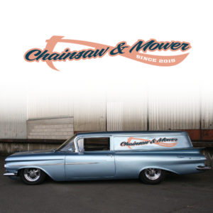 I want an old style logo of Chainsaw And Mower Services to put on the side of a 1959 Chevrolet deliv | Signage Design by Love Buzz