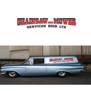 I want an old style logo of Chainsaw And Mower Services to put on the side of a 1959 Chevrolet deliv | Signage Design by WILD FOX Desing Studio