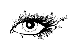 Image of an eye made of tree branches/leaves with the iris being the night sky | Graphic Design by Amduat Design