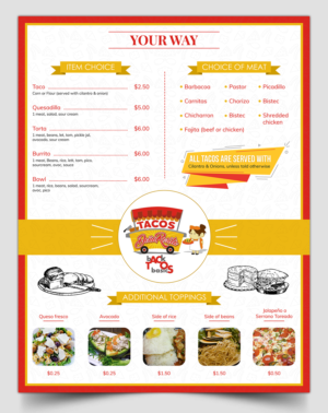 Menu - Pasted on vinyl outside of food truck | Menu Design by SAI DESIGNS