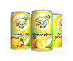 Coco4USA- Pineapple & Mango Flavored Coconut water in Tin Cans | Label Design by Sergio Medina