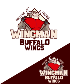 Wingman-- (company name),   Buffalo Wings--main menu (big font),  Philly Steak, (small font)Fried rice (small font) | Logo Design by StudioD™