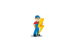 Illustration of electrician leaning on lightning bolt | Graphic Design by Amduat Design