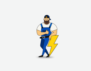 Illustration of electrician leaning on lightning bolt | Graphic Design by Alpha_Creative