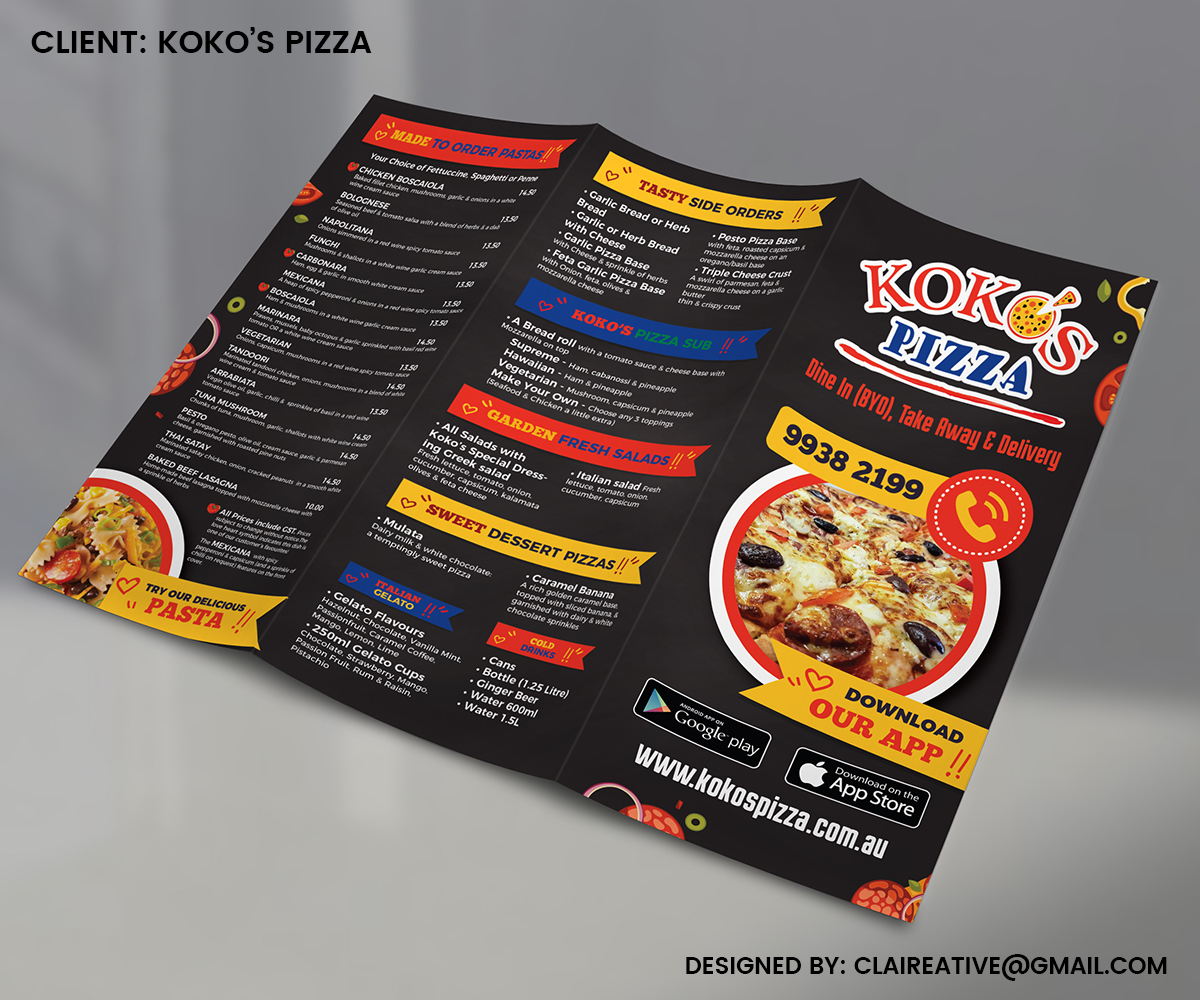 Menu Design by Claireative for Koko's Pizza | Design #20309884