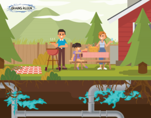 Cartoon pic family at home broken pipe under house | Graphic Design by widyaguna