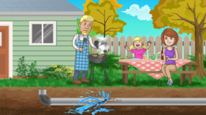 Cartoon pic family at home broken pipe under house | Graphic Design by icirotrisna