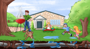 Cartoon pic family at home broken pipe under house | Graphic Design by Gabriel T. Marques