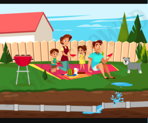 Cartoon pic family at home broken pipe under house | Graphic Design by el_shekoo7