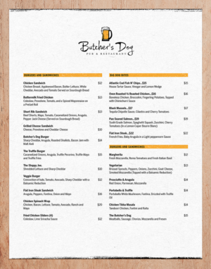 Butcher's Dog sports bar beer & food menu  | Menu Design by orphee