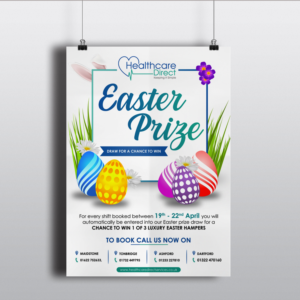 Easter Competition Flyer to Healthcare Clients with a chance to win 1 of 2 luxury hampers | Flyer Design by Schöpfer