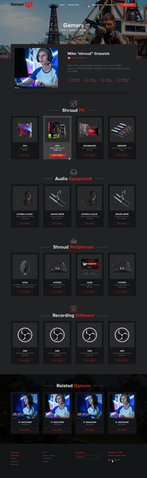 Web page that shows PC specs & equipment of specific Youtube/Twitch gamer (PUBG/Apex) | Web Design by Ved Web Services