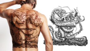 full back tatoo with figth between warrior and dragon-like beast | Tattoo Design by Madin