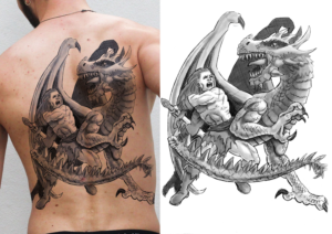 full back tatoo with figth between warrior and dragon-like beast | Tattoo Design by kaiser77