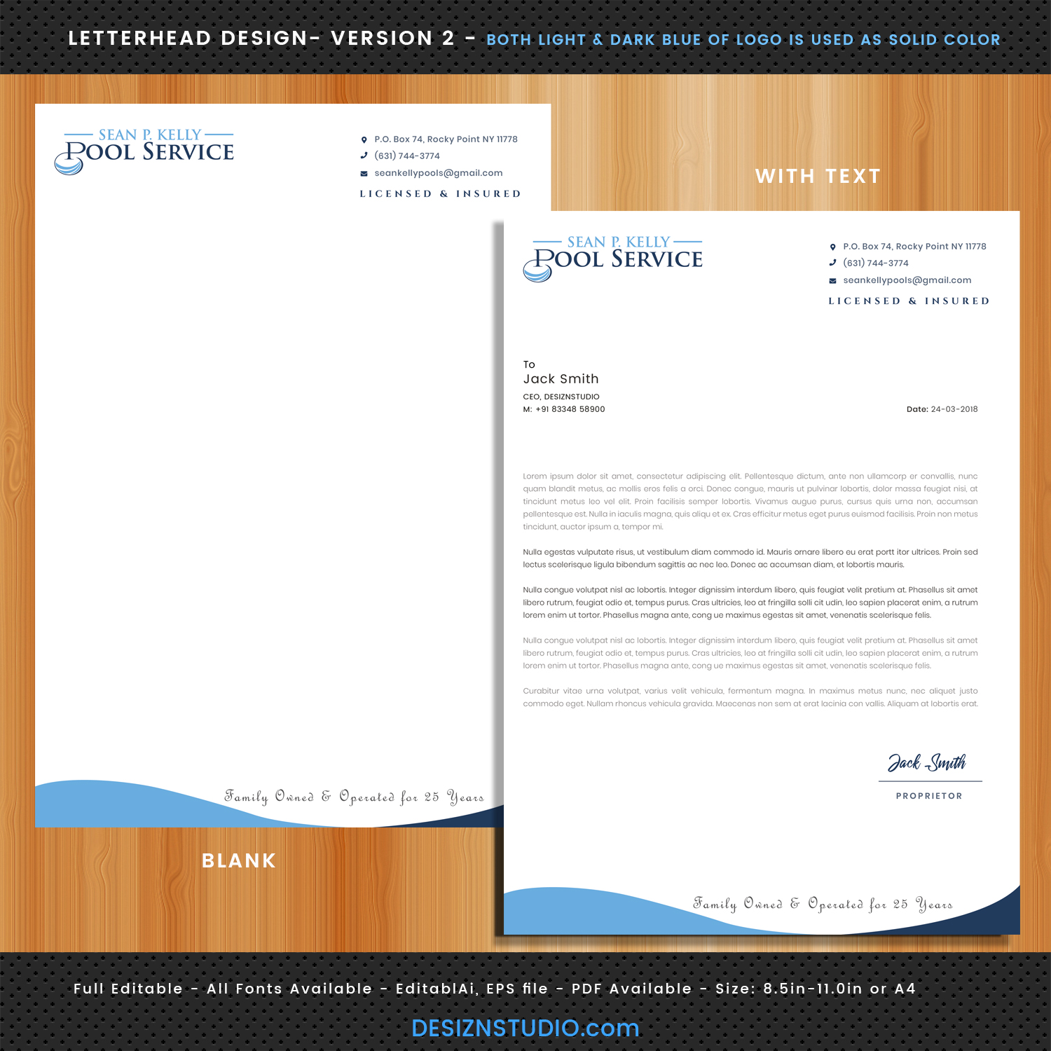 Letterhead Design by Expert Designer for Sean P. Kelly Pool Service | Design #22572192