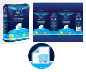 Underpads Packaging Design. Incontinence Bed Pads Disposable Underpads for Adults | Packaging Design by Navisol Creatives