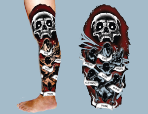 Left leg sleeve tattoo of seven deadly sins & skeleton king | Tattoo Design by Phantom007