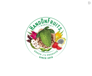 Name : HandOnFruits  Slogan : fresh and exotics Green Js Produce since 2015 | Logo Design by D_Mantra