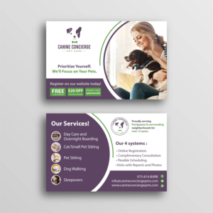 Pet sitting and Dog Walking Postcard distributed to new home owners in our target market | Graphic Design by Aistikart