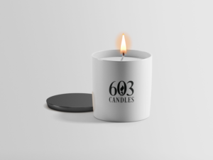 603 Candles, all natural soy candles, hand-poured in New Hampshire, area for scent description and size of container. | Label Design by Sergio Coelho