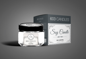 603 Candles, all natural soy candles, hand-poured in New Hampshire, area for scent description and size of container. | Label Design by SAI DESIGNS