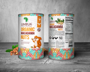 Schwarze Bio Macadamia Dose mit kreativem auffälligen Verpackungsdesign | Packaging Design by SAI DESIGNS