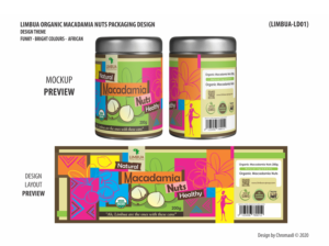 Schwarze Bio Macadamia Dose mit kreativem auffälligen Verpackungsdesign | Packaging Design by Chromax8