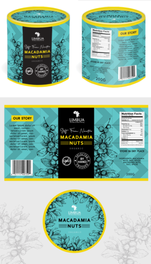 Schwarze Bio Macadamia Dose mit kreativem auffälligen Verpackungsdesign | Packaging Design by Indre Ta