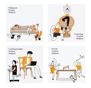 Set of instagram posts which mix comics, life's challenges with virus, furniture and humour | Illustration Design by Pinky 