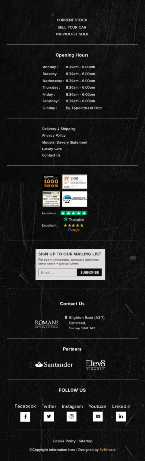 New Website Footer for a Supercar dealership. | Web Design by Da Miracle