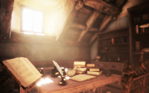 medieval looking library/scriptorium | Illustration Design by Abiyoso28